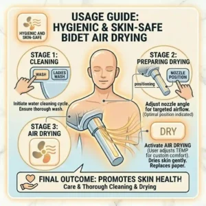 Step-by-step instructional guide on how to properly use an air drying bidet after washing.