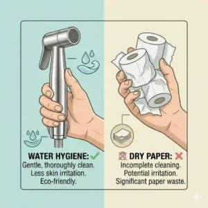 An infographic comparing the hygiene habits and hygienic benefits of stainless steel bidet usage versus traditional dry paper wiping.