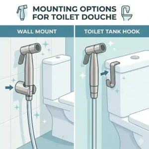 Illustration comparing wall-mounted and tank-hooked placement for a douche for toilet.