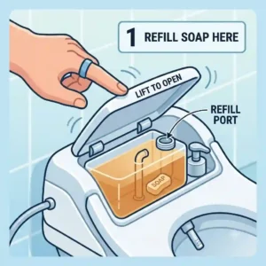 A person demonstrating how to open and refill the integrated soap reservoir on a modern bidet with soap dispenser.