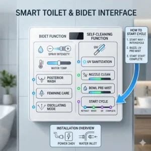 A clear view of a wall-mounted digital remote control interface designed for a smart self cleaning toilet with bidet.