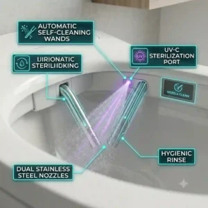 "A detailed 300x300 square technical illustration of the automatic self-cleaning process on a tankless bidet nozzle, showcasing UV-C sterilization rays and a hygienic water rinse."