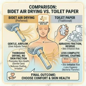 Comparison chart illustrating the comfort and cleanliness of an air drying bidet versus traditional toilet paper.