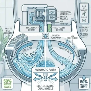 Illustration of an auto bidet toilet glowing with a blue LED nightlight and built-in air deodorizer.