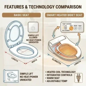 A features comparison chart listing the benefits and options of different bidet toilet seat warmer models."