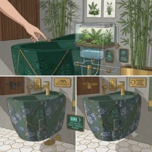 Sustainable and eco-friendly designer bidet artistic aesthetic with integrated water recycling systems.
