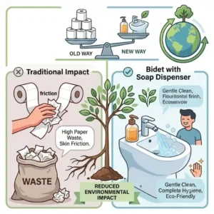 An environmental illustration showcasing the reduced carbon footprint achieved by using a bidet with soap dispenser.