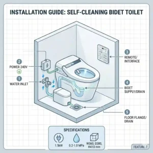 A simplified blueprint-style installation guide showing the plumbing and electrical power requirements for a self cleaning toilet with bidet.