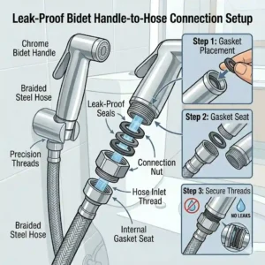 Illustrated view of rubber washers and plumbing tape placement for securing a bidet handle to a flexible steel hose.