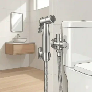 A minimalist, contemporary modern bathroom interior with stainless steel bidet setup next to a white toilet.