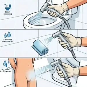 Illustration showing the diaper sprayer for toilet being used for general bathroom cleaning and personal bidet hygiene.