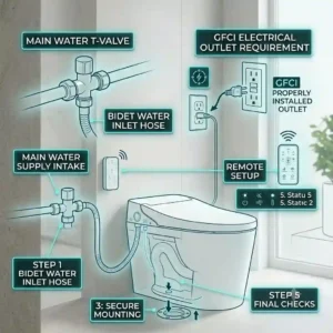 "A simplified 300x300 square installation blueprint diagram for a tankless bidet, illustrating the water T-valve connection, main supply intake, and the required GFCI electrical outlet."