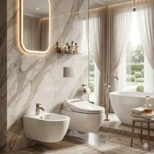 Luxury interior design concept for a bathroom with bidet and toilet.