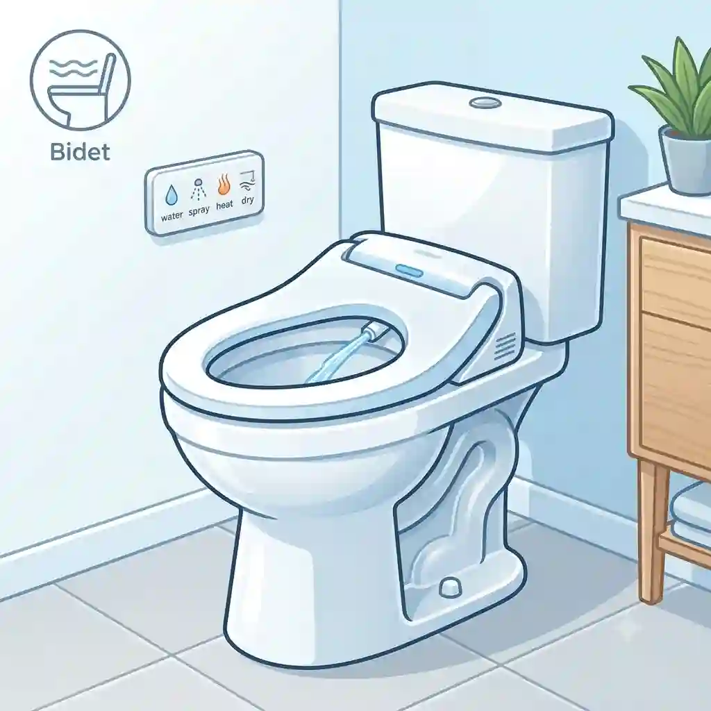 A modern bathroom featuring a comfortable and elongated chair height toilet with bidet seat integration and a wall-mounted remote control.