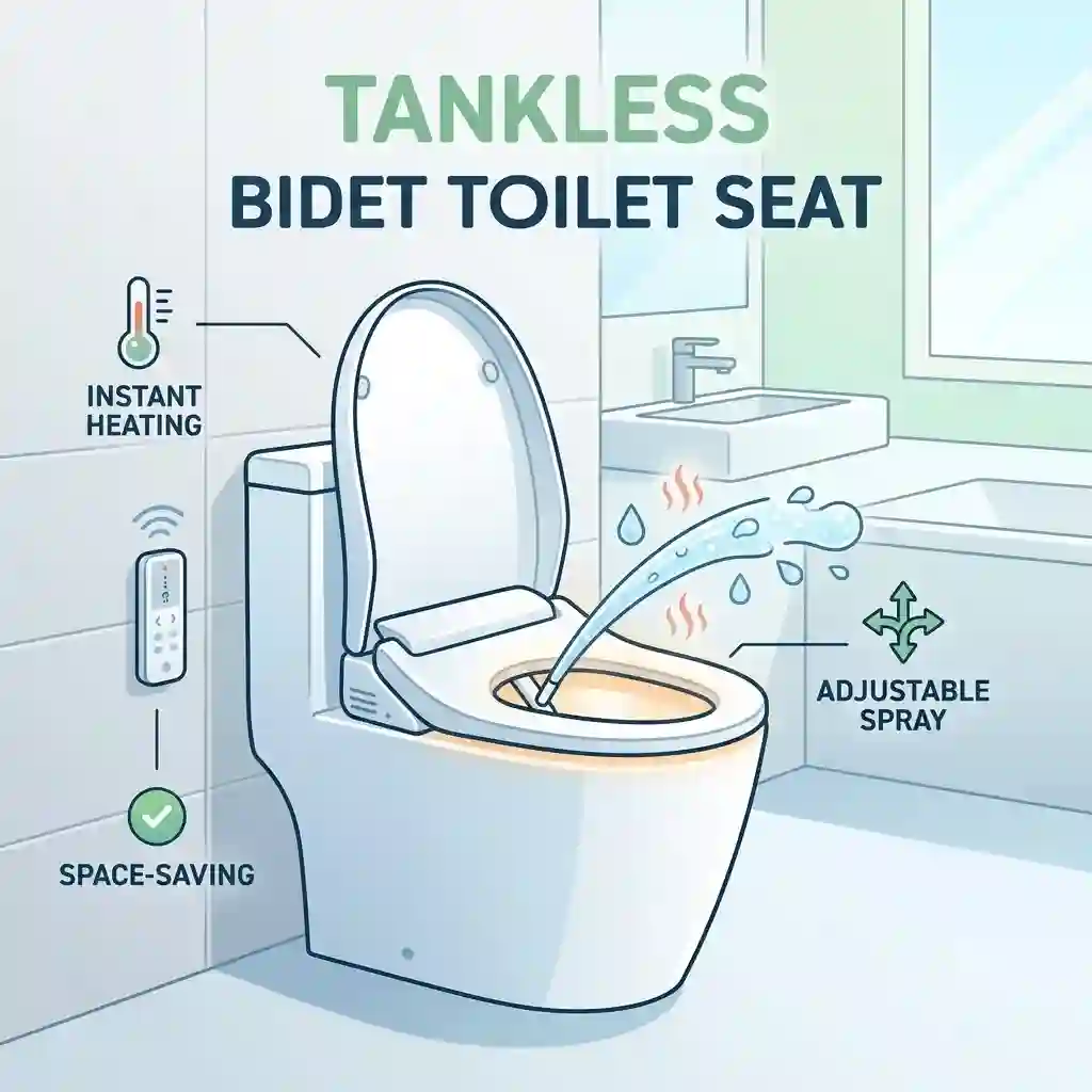 A modern, white tankless bidet toilet seat with integrated blue LED nightlight installed on a sleek toilet bowl in a contemporary dark blue tiled bathroom.