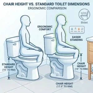 Line drawing illustration comparing the seating height of a standard toilet versus a taller chair height toilet with bidet functionality.