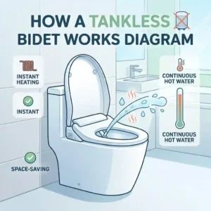 Technical diagram illustrating how a tankless bidet toilet seat heats water instantly using an internal heating coil instead of a bulky water storage tank.