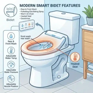 Detailed graphic illustration showing the various user settings and cleaning modes of a modern chair height toilet with bidet seat.