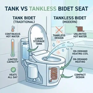 An infographic comparing a traditional bidet seat side-by-side with a slim tankless bidet toilet seat, highlighting the space-saving benefits of the tankless design.