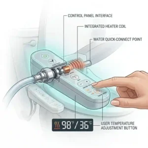 Hand adjusting water temperature settings on a wireless remote for a bidet toilet seat with heated water.