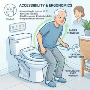 Illustration showing the ergonomic and accessible benefits of a chair height toilet with bidet for seniors or users with limited mobility.