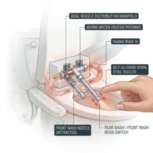 Self-cleaning stainless steel nozzle extending warm water spray on a bidet toilet seat with heated water.