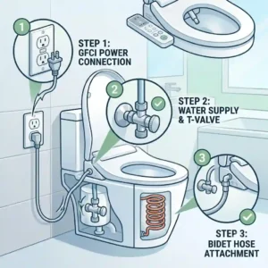 Line drawing showing the necessary bathroom connections for a tankless bidet toilet seat, including a GFCI electrical outlet and a T-valve water connection.