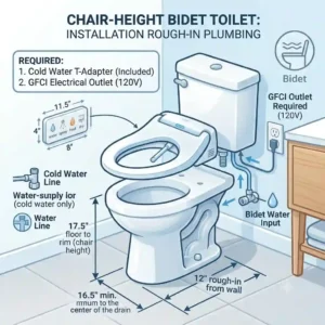 A technical plumbing illustration detailing the rough-in measurements for water and power lines required for a chair height toilet with bidet.