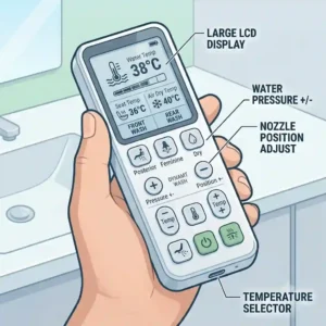 An illustration highlighting the wireless remote control functions for a tankless bidet toilet seat, detailing water pressure, spray nozzle position, and heated seat temperature settings.