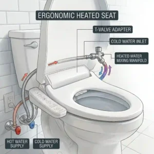 Step-by-step DIY installation of a bidet toilet seat with heated water connection under a bathroom sink.