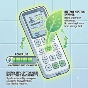A graphic showing how a tankless bidet toilet seat saves electricity by heating water on demand rather than constantly maintaining hot water in a tank.