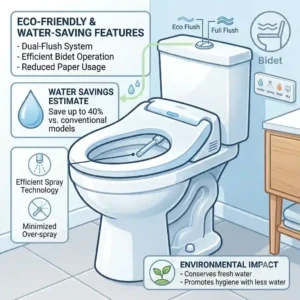 Infographic illustration highlighting the water-saving features and eco-friendly design of a dual-flush chair height toilet with bidet.