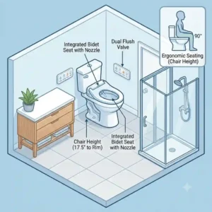 A minimalist modern bathroom floor plan illustration showing the spatial integration of a chair height toilet with bidet near a vanity.