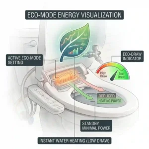 Energy-saving mode indicator on an electric bidet toilet seat with heated water supply.