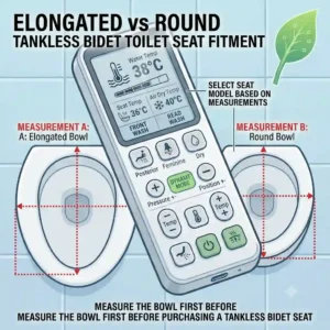 A measuring guide diagram helping buyers choose between an elongated or round tankless bidet toilet seat to match their existing toilet bowl.
