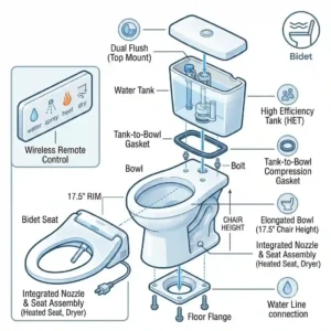 Exploded view illustration displaying all the components and parts of a modern, comfort height chair height toilet with bidet seat assembly.
