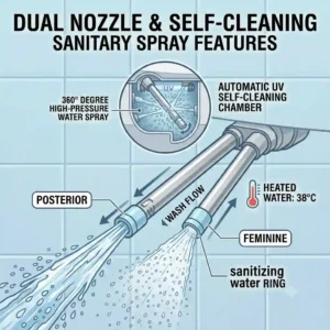 Close-up vector illustration of the retractable, self-cleaning dual nozzles underneath a modern tankless bidet toilet seat, showing posterior and feminine wash angles.