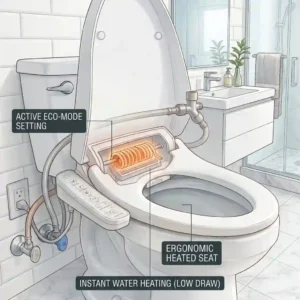 Contemporary bathroom layout featuring an elongated bidet toilet seat with heated water spray.
